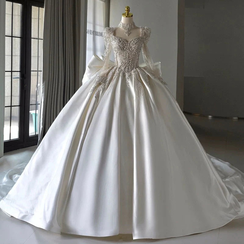 Buyishang Chic Ball Gown Sweetheart White Long Sleeves Satin Wedding Dresses With Beads Bow dress for wedding